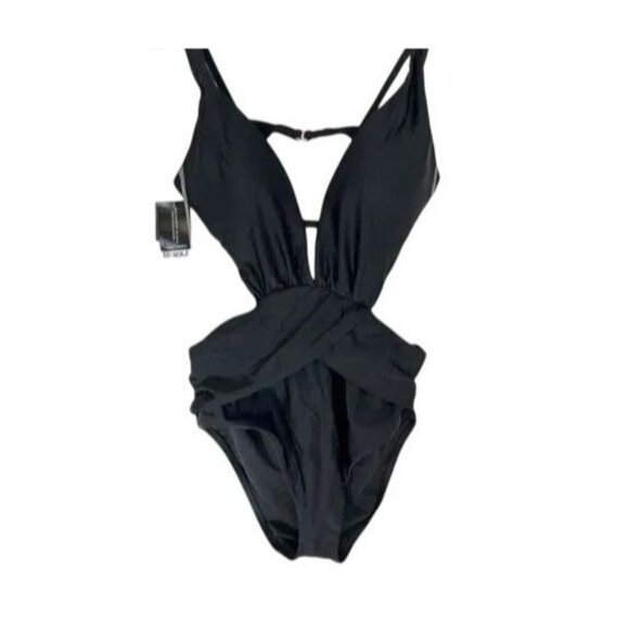 Bar III Black Cutout Backless Plunge Monokini Swimsuit Tummy Control Swimwear L